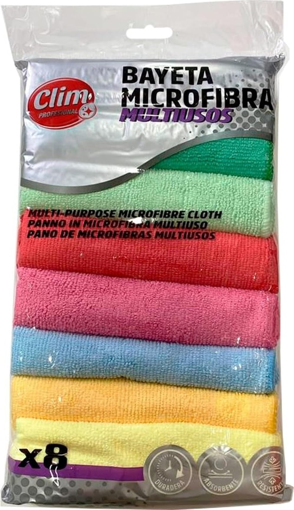 Clim Profesional Lot de 8 Chiffons en Microfibre de Couleurs Assorties - Tous Types de Surfaces - Grande Absorption et Finitions Uniquement à l'eau (30 x 30 cm)