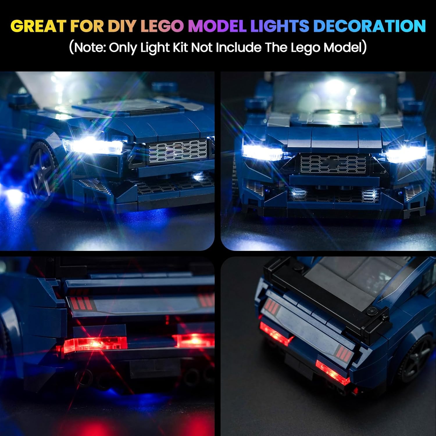 Close-up views of the illuminated headlights and taillights of the LEGO Ford Mustang model with the Hilighting LED light kit.