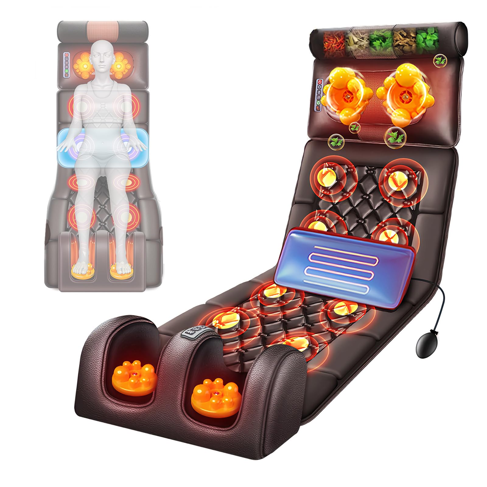 Tapete Masajeador de Cuerpo Completo con Calor, Cojín de Masaje Eléctrico Multifuncional, Almohada Cervical Extraíble, Masajeador de Espalda, Piernas y Pies, para Casa y Oficina (Cuero)