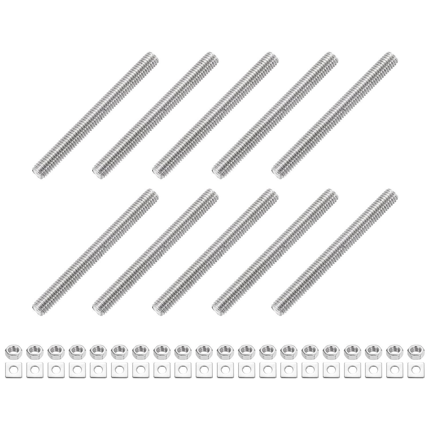 uxcell 10Pcs Fully Threaded Rod, M5-0.8 Thread Pitch 50mm Length Stainless Steel Right Hand Fully Threaded Studs with Nuts and Washers for Clamps, Hangers and U-Bolts