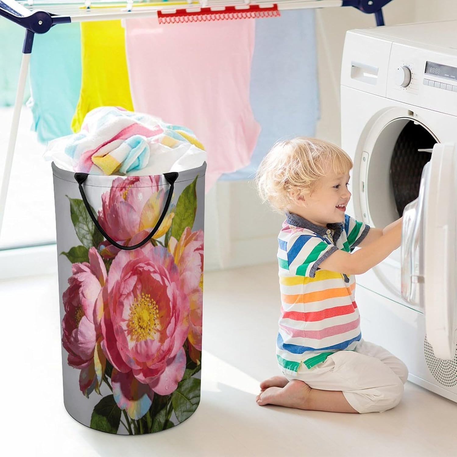 Pink Colorful Flowers Laundry Hamper Portable Lightweight Clothes Hampers Fashion Dirty Laundry Storage Basket Large Capacity Foldable Clothes Baskets for Bathroom Bedroom