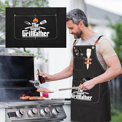 Miniatura 5 de Delantales de parrilla para hombres, espalda de Cnavas Corss con bolsillos grandes, delantales de chef ajustables, regalos divertidos para hombres