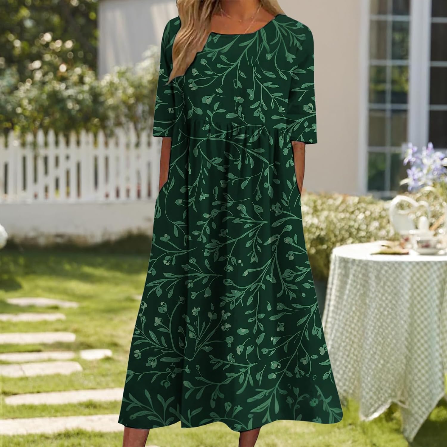 Summer Dresses for Women 2025 Casual Floral Short Sleeve Maxi Dress Loose Crew Neck Flowy Dress with Pockets - Image 2