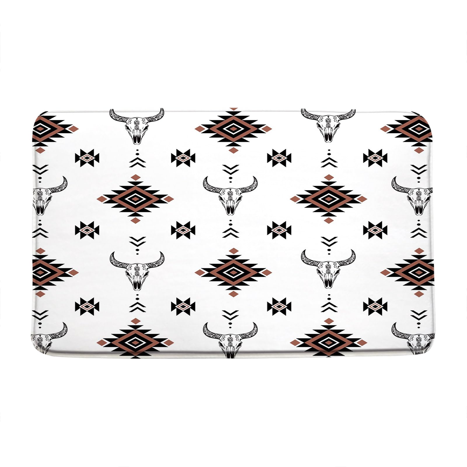 LAEDCIITI Western Aztec Bath Mat Vintage Bull Skull Boho Cow Head Geometric Abstract Pattern Ethnic Horns Southwest Rustic American White Bath Rug,