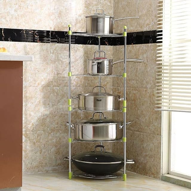 Marys 5 Tier Saucepan stand Kitchen Pan Stand Saucepan Pot Rack Storage Pot stand Shelf Holder Pan Pot Rack Stand ,Kitchen Pans Pots Shelf Cookware Organizer Holder Standing Storage Cabinet