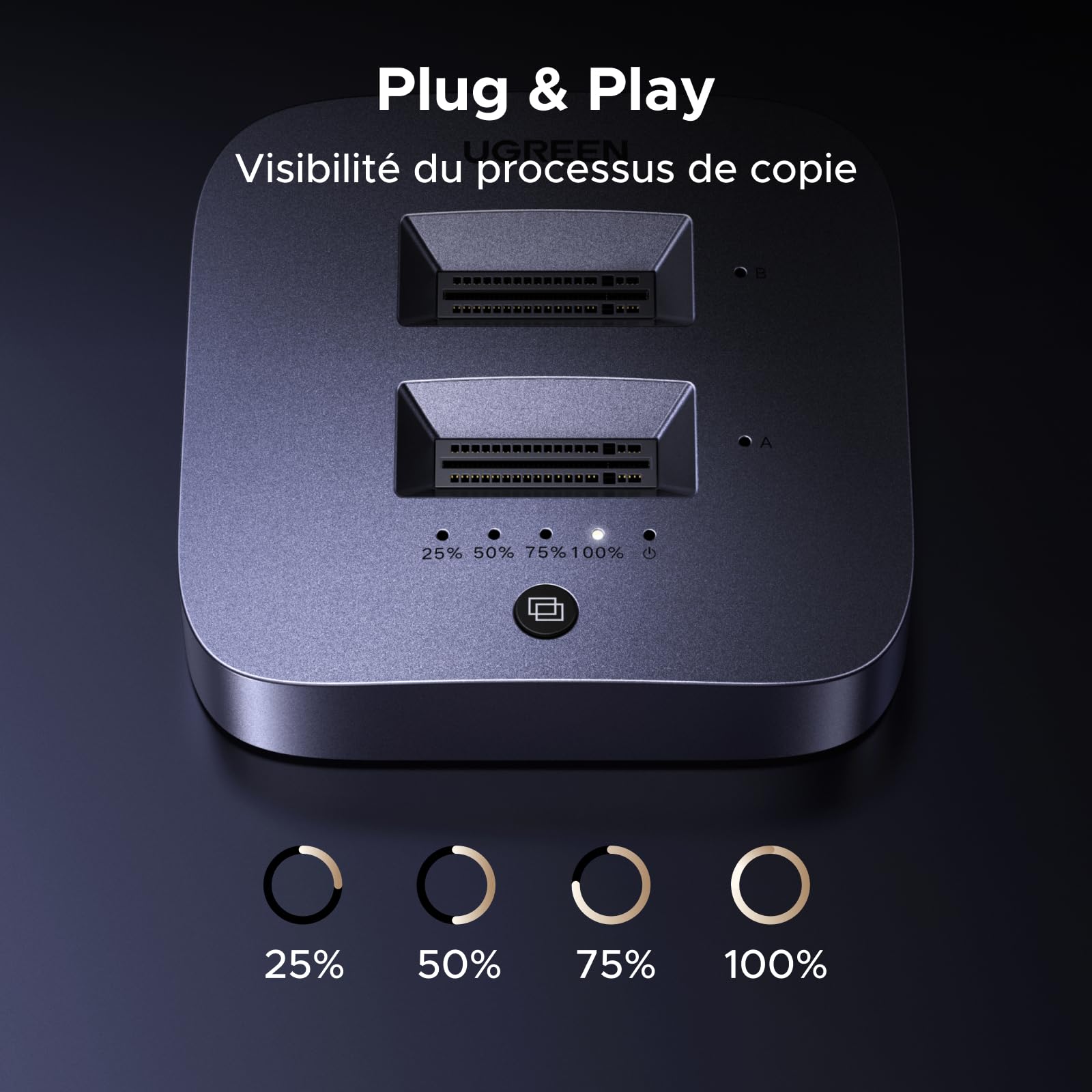 UGREEN Station d'accueil M.2 NVMe 20Gbps, USB 3.2 Gen 2 Boîtier SSD NVMe Dual Bay pour SSD PCIe M/MB Key Prise en Charge Clonage Hors Ligne, UASP, Trim et S.M.A.R.T.