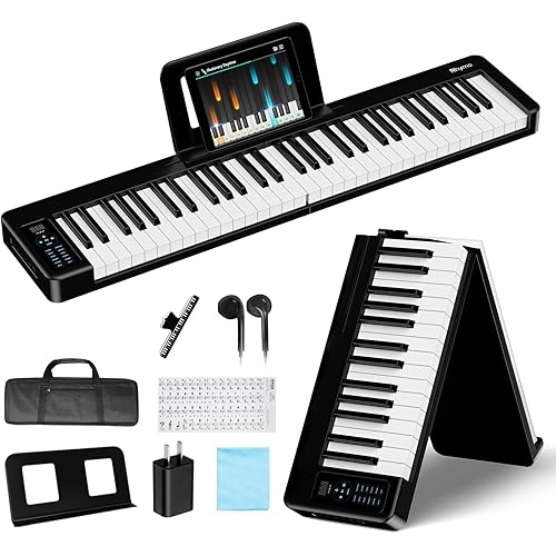 Folding Piano Keyboard, 61 Keys Sensitive Electric Piano, Weighted Portable Electric Keyboard with Bluetooth MIDI, Digital Foldable Keyboard for Beginner