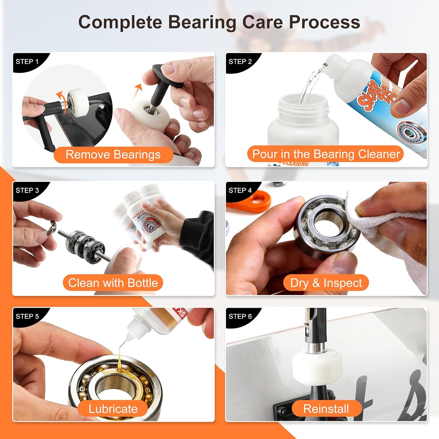 Skate Bearing Cleaning Kit – Portable Complete Bearing Maintenance System with Cleaning Bottle, 200ml Cleaner, 100ml Lubricant Oil, Bearing Press Puller & T Tool for Skateboard & Roller Skates