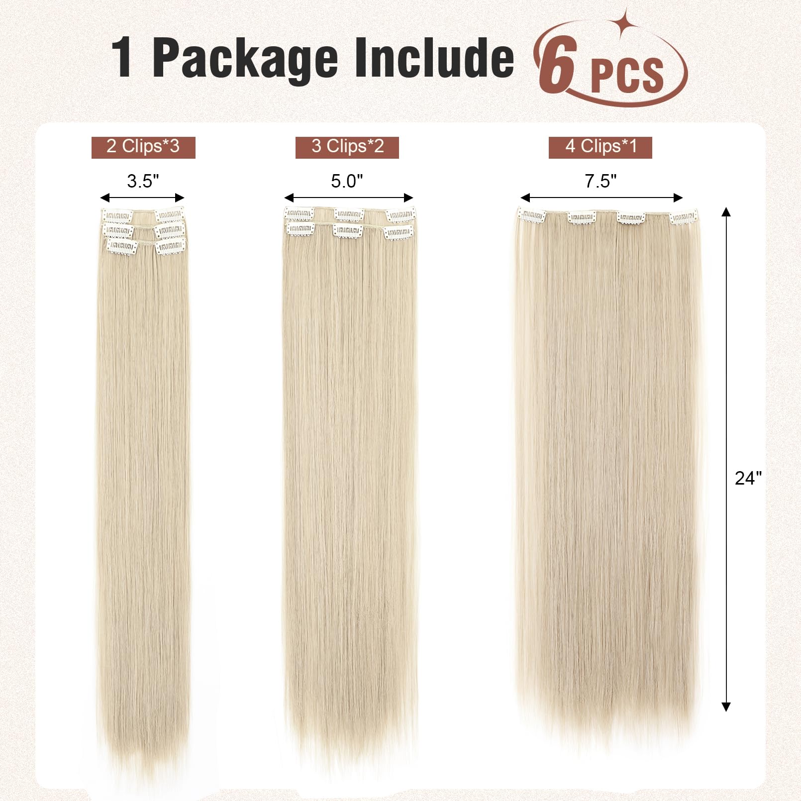 Flufymooz 6PC Clip in Hair Extensions 24" Straight Long Extensions for Women Synthetic Hairpiece (Platinum Blonde) - Image 4