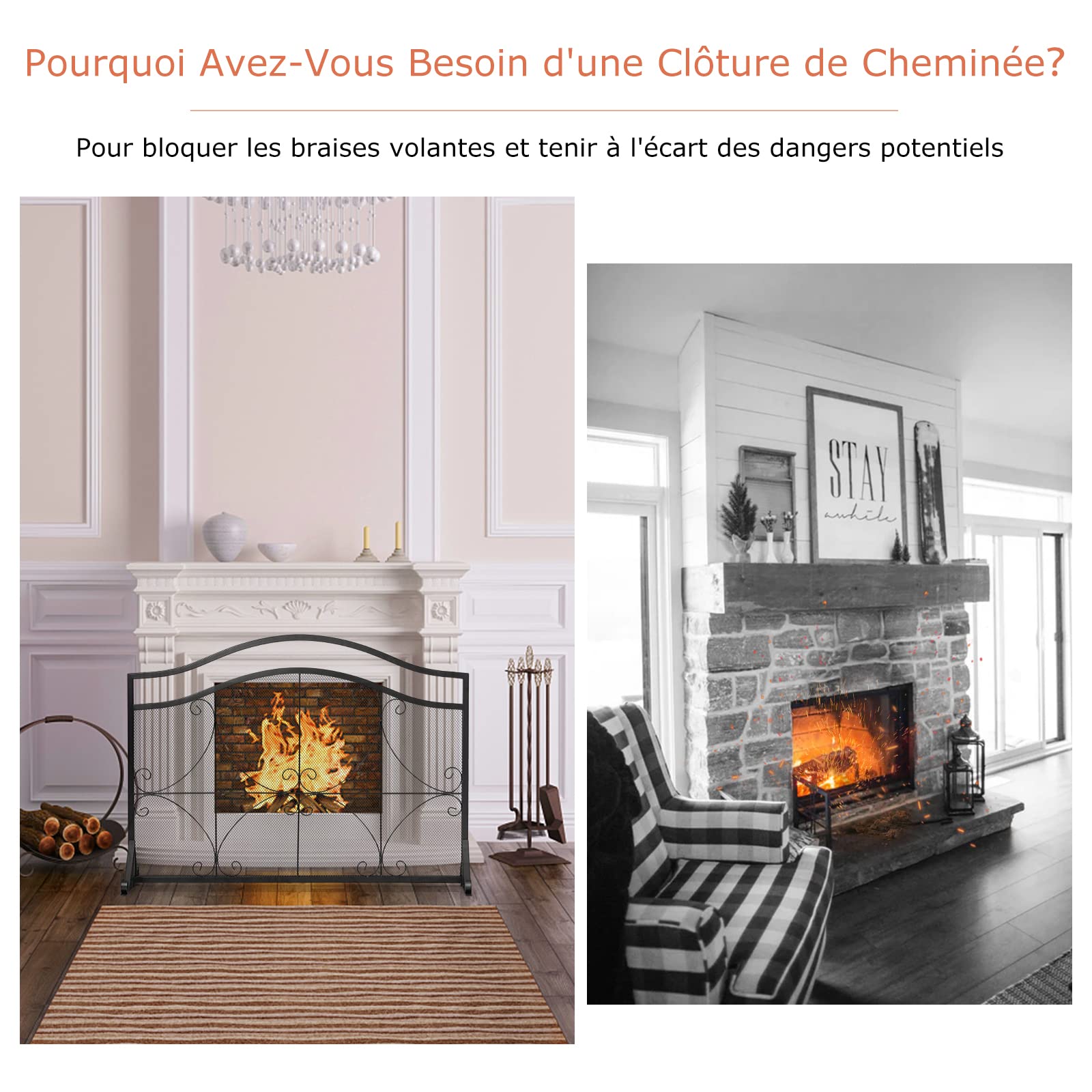 GOPLUS Écran de Cheminée pour Isolation des Étincelles et Cendres, Pare-Feu de Cheminée, Panneau Protection Cheminée Décoratif, pour Salon, Chambre, 113 x 34 x 84 cm, Noir