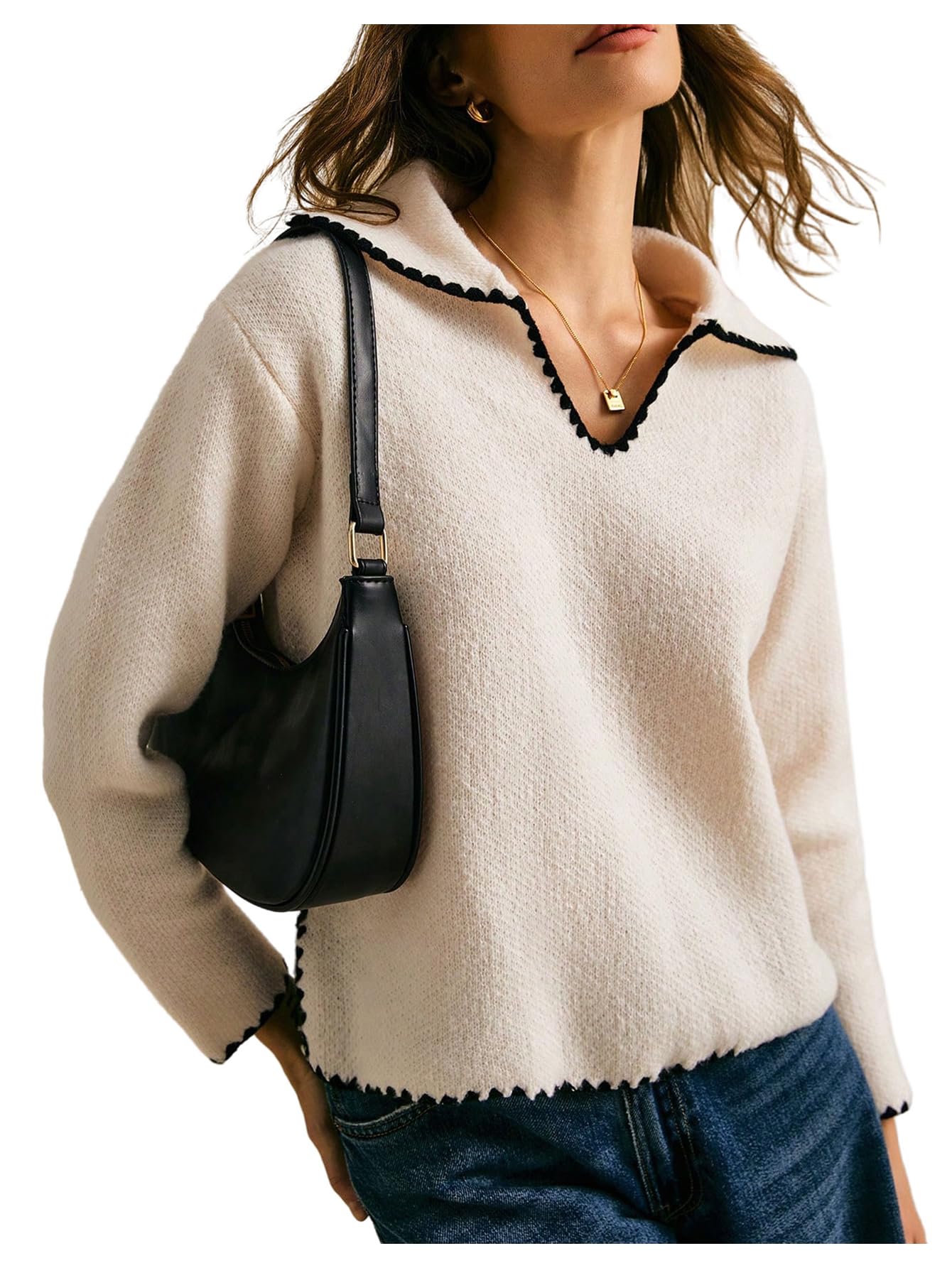 SweatyRocks Womens Collar V Neck Fall Sweaters Long Sleeve Contrast Binding Casual Pullover Tops