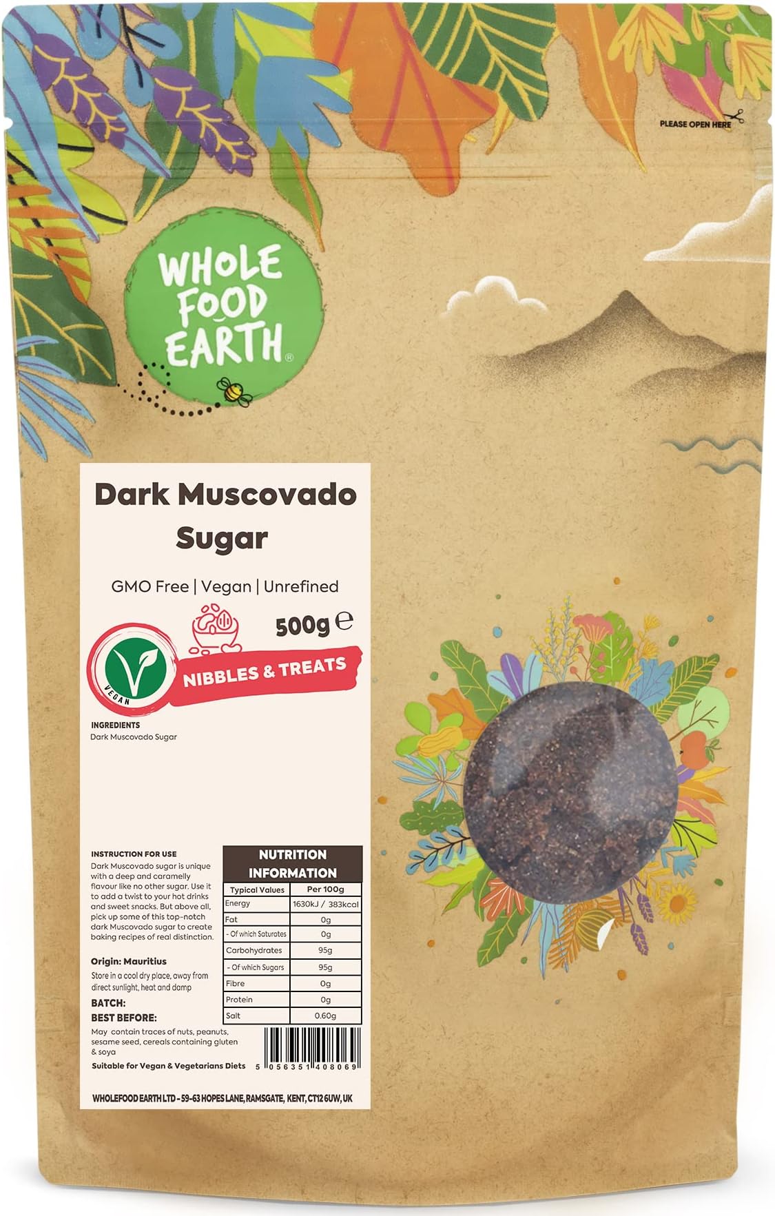 Wholefood Earth Dark Muscovado Sugar 500 g | GMO Free | Unrefined