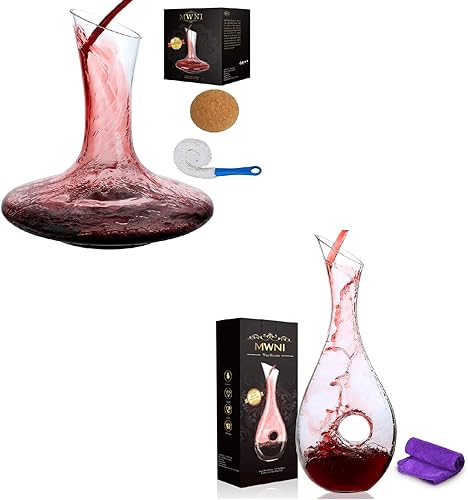 Decantadores y jarras de vino, juego de decantadores de vino de cristal sin plomo con tapón y cepillo, 2 piezas, 60.9 fl oz y 40.6 fl oz