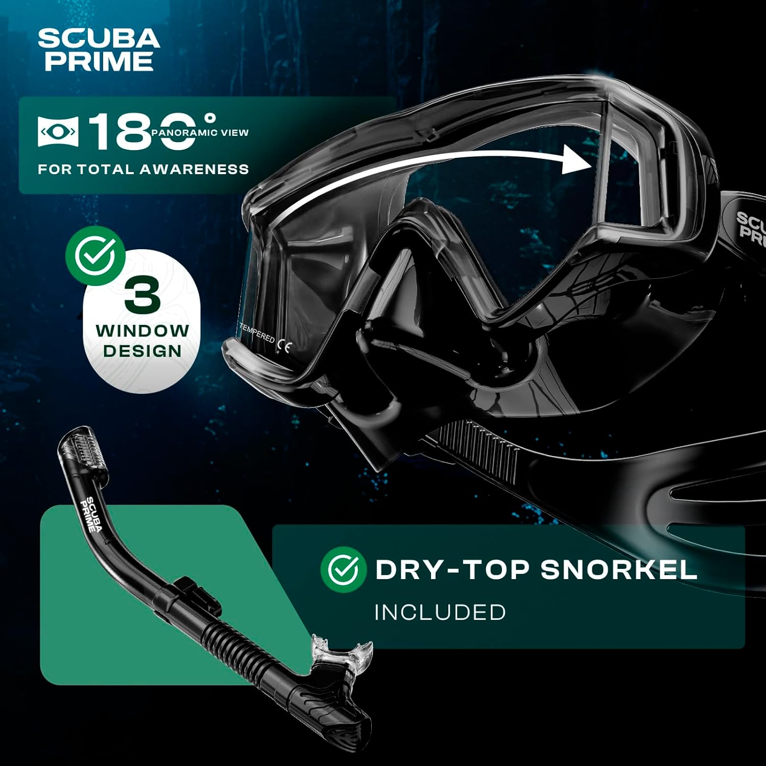 Pano 3 Snorkeling Set with Dry Top Snorkel, 180° Panoramic Dive Mask Tempered Glass Three-Window Scuba Mask, Foldable Silicone Tube Anti-Leak Gear for Men Women Teens Adults, 4 Color Options