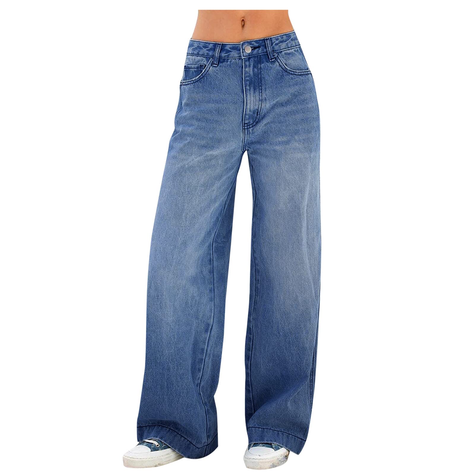 DGZTWLL - Pantaloni sportivi da donna, con tasca con cerniera, a vita alta, in denim, gamba larga, per spiaggia, formale
