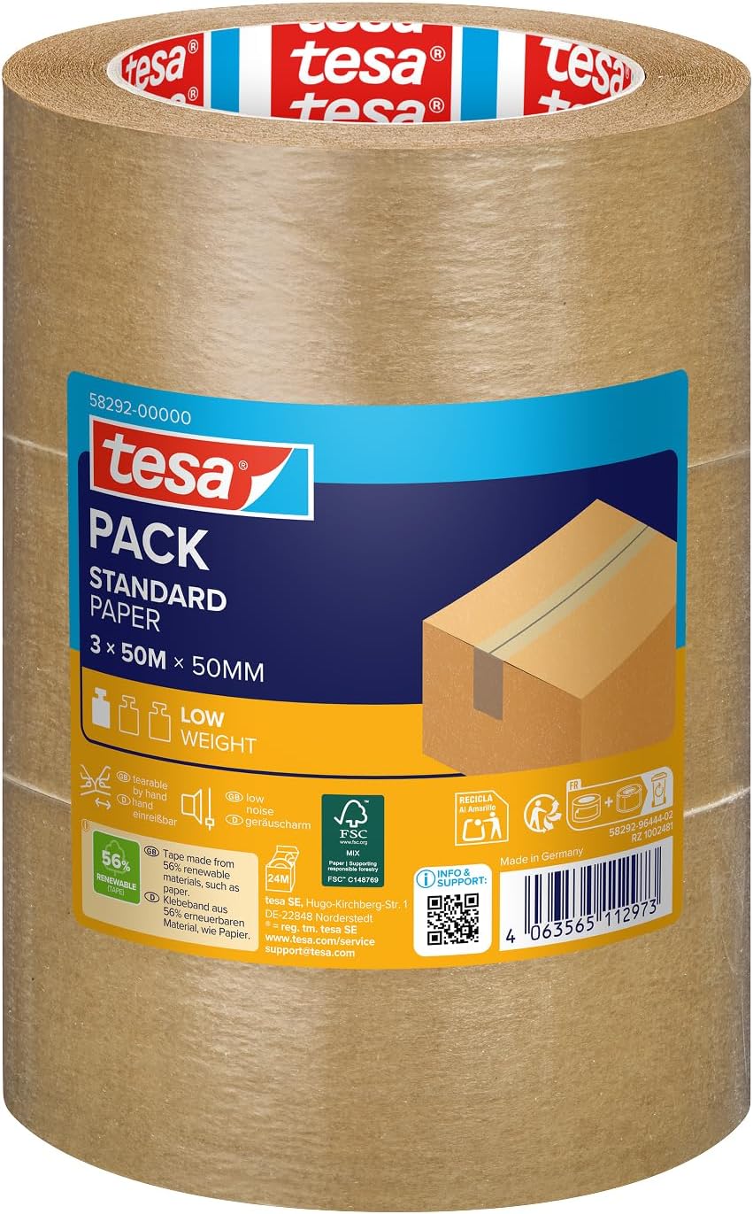 Pack Paper Standard - Eco-Friendly Paper Packaging Tape, 56% bio-Based Material - Effective and Easy to Recycle - Brown - 3X 50 m x 50 mm