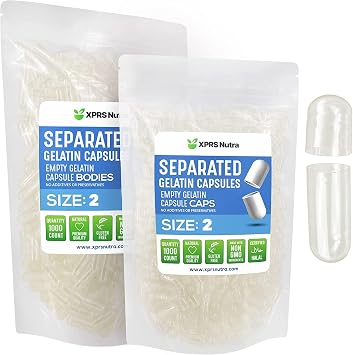 XPRS Nutra Gelatin Size 2 Separated Capsules - 1000 Count Empty Capsules Separated in Bags - Size 2 Clear Gelatin Empty Pills for DIY Supplement Filling