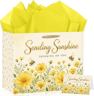 Sending Sunshine Gift Bag Thinking of You Gifts with Card Tissue Paper | Yellow Wildflower Encouragement Wrapping Bag, Floral Bee Sympathy Gift Wrap Bag for Women Friends Family Sisters Coworker