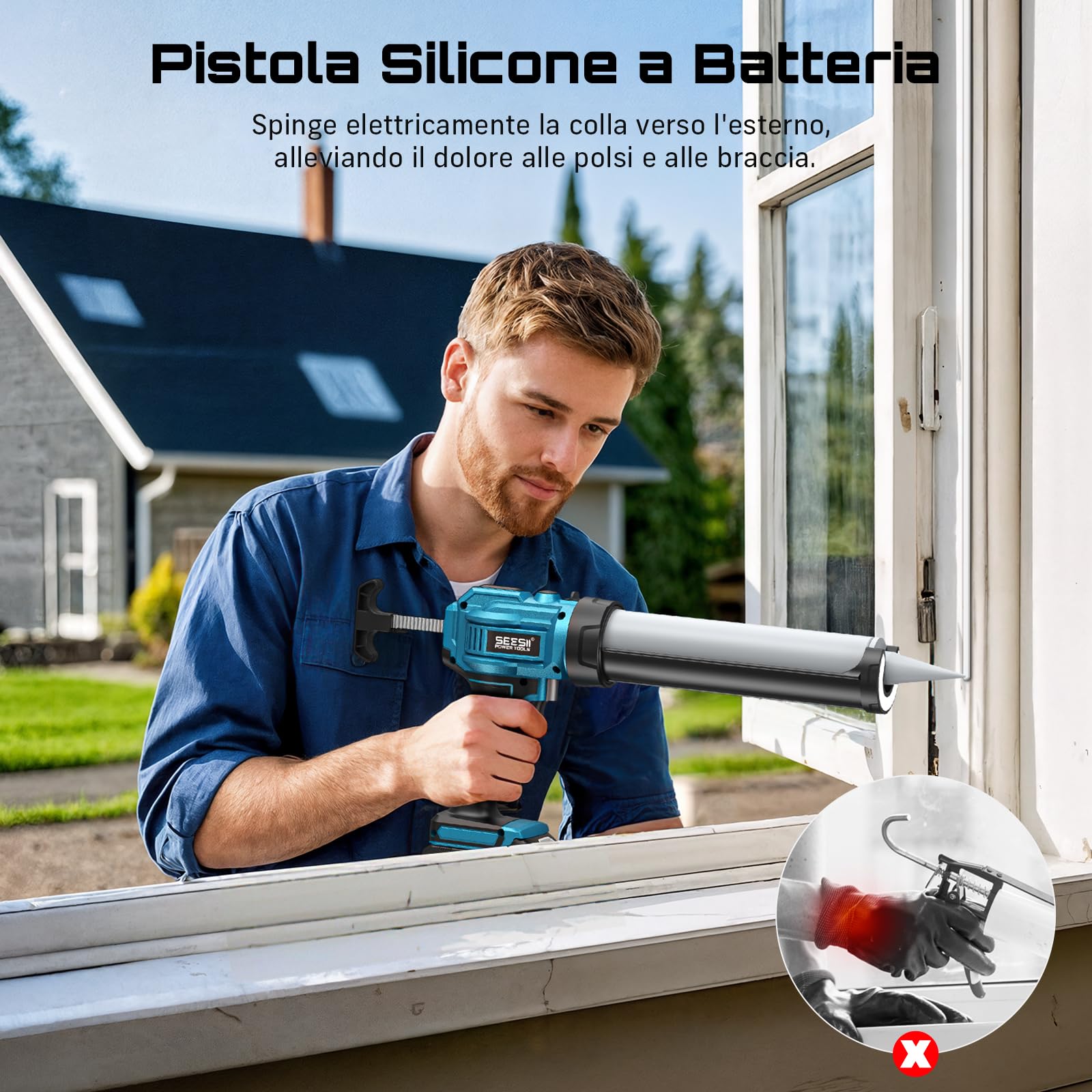 SEESII Pistola per Silicone a Batteria, 21V Pistola per Silicone Elettrica e Adesivi per Cartucce da 10oz/300ml con Batteria da 2.0Ah e Caricabatterie, 4 Velocità (300ml)