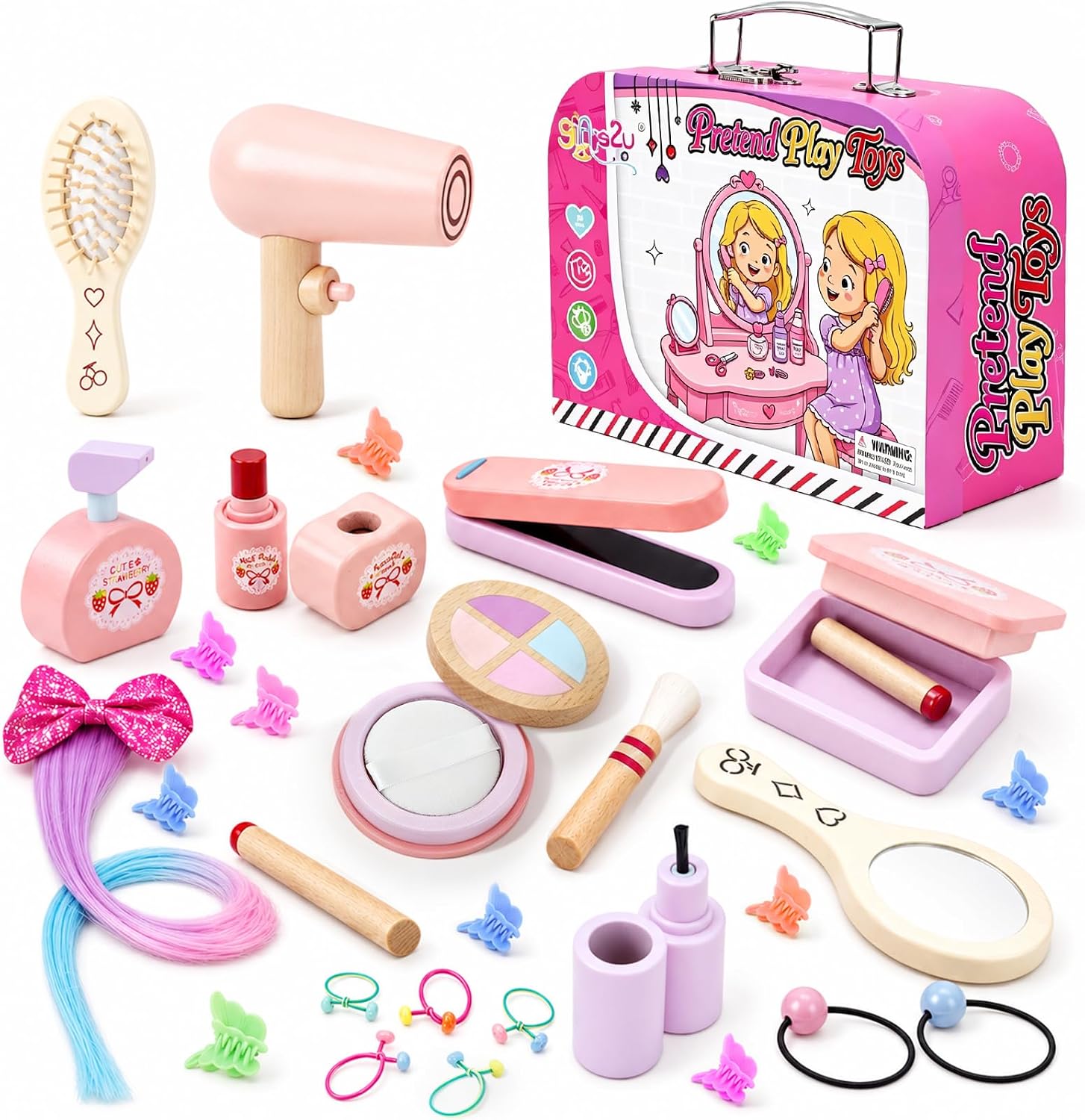 Gifts2U Wooden Makeup Toy Set for Toddlers 3-5 with Storage Case | Includes Wooden Hair Dryer, Straightener, Makeup Brushes and Real Hair Extension Clips, Hair Ties, Butterfly Clips