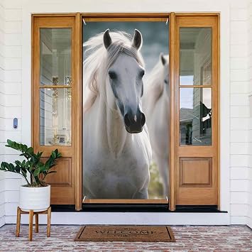Welcome Door Cover Decoration Door Banner Photo Background White horses Porch Door Sign Blackout Privacy Doorway Curtains Window Curtain Drapes Closet Curtain 72.8 x 35.4 In