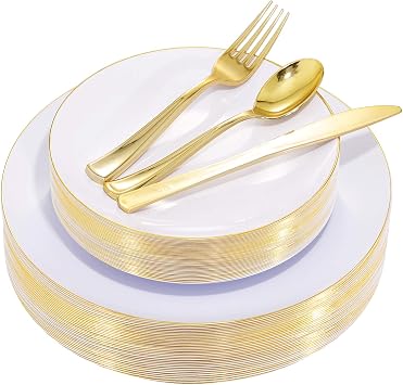 Nervure 125PCS Christmas Plastic Plates - Disposable White and Gold Plates | 25 Dinner Plate, 25 Salad Plate, 25 Forks, 25 Knives, 25 Spoons for Wedding & Parties & Thanksgiving, BPA-Free, Heavy-duty