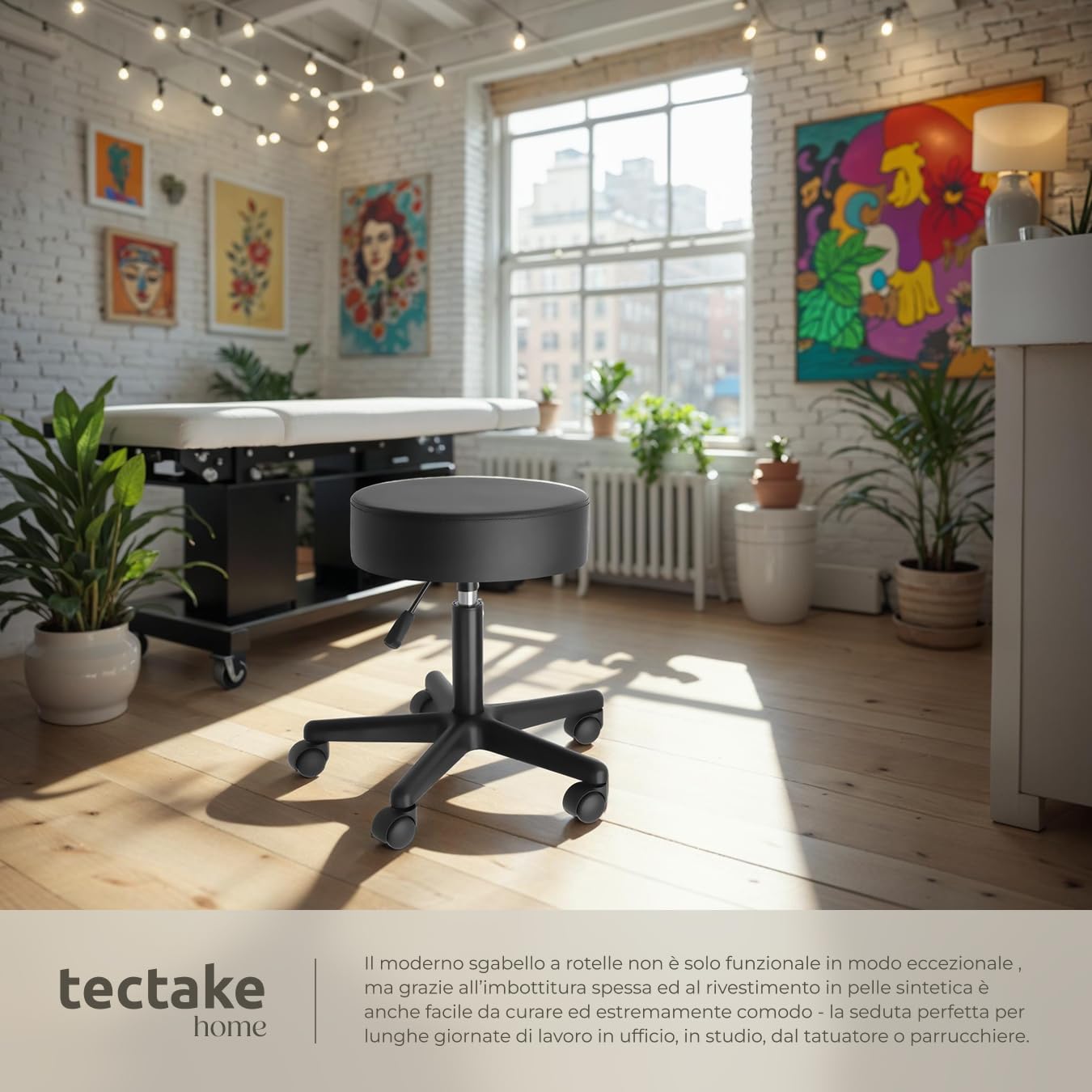 tectake® Sgabello Con Ruote, Girevole 360°, Regolabile in Altezza da 48 a 63 cm, Base con 5 Ruote Doppie, Seduta Imbottita 10 cm, Similpelle, Design Salvaspazio - Nero