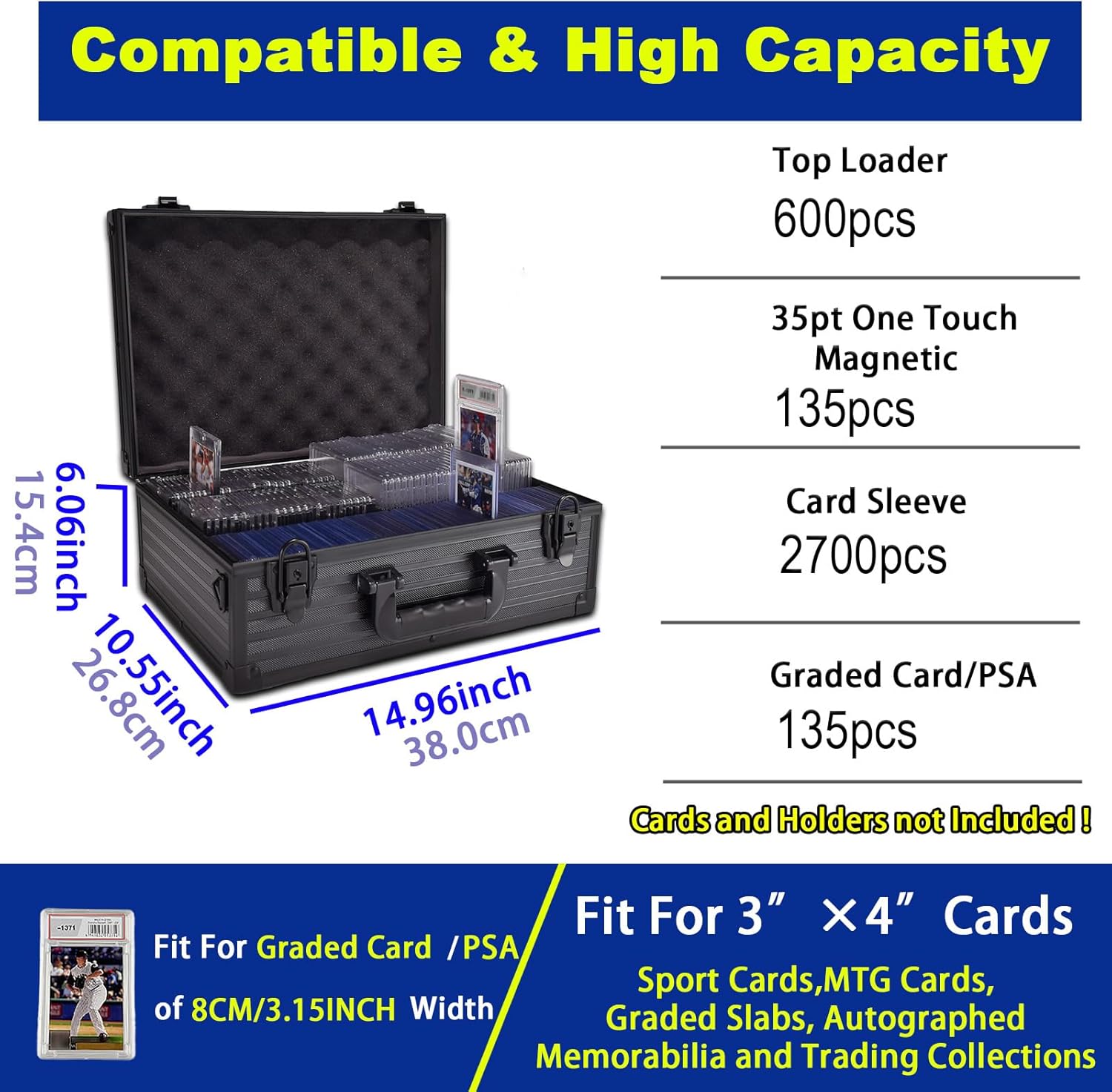 Lockable Portable Card Storage Box with Key Lock with Handle and Shoulder Strap for Toploader,Graded Card, Sports Collection,Storage and Trading