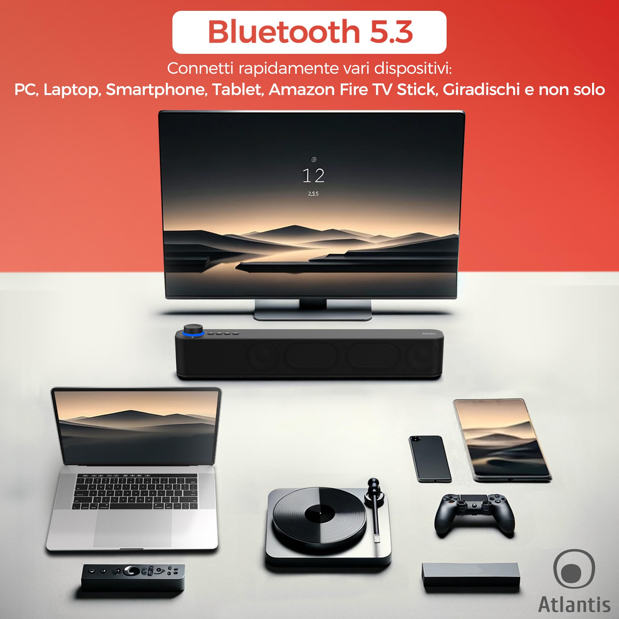 ATLANTIS Soundbar PC 20 W, głośnik PC, Jack 3.5 mm + Bluetooth 5.3 do smartfona, FireTV, gramofonu, odtwarzacza Batt. 2400 mhA, radia FM, głośnika PC, laptopa, telewizora, smartfona Dim 420 x 60 x 74