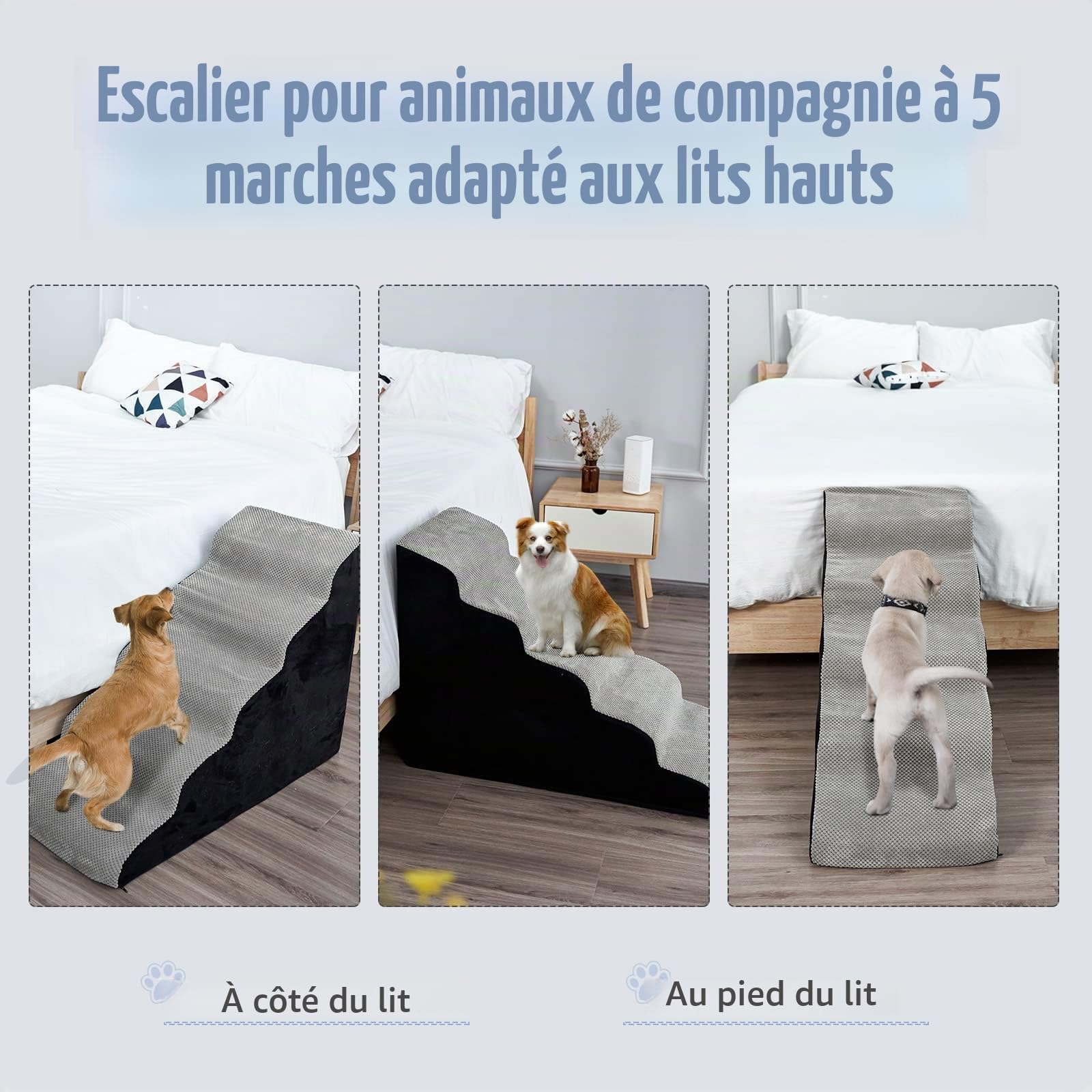 A.FATI Escalier pour chien de 60 cm de haut, 5 marches pour lit à sommier tapissier, canapé, escalier antidérapant pour animaux de compagnie pour petits chiens ou chats blessés – avec corde jouet pour