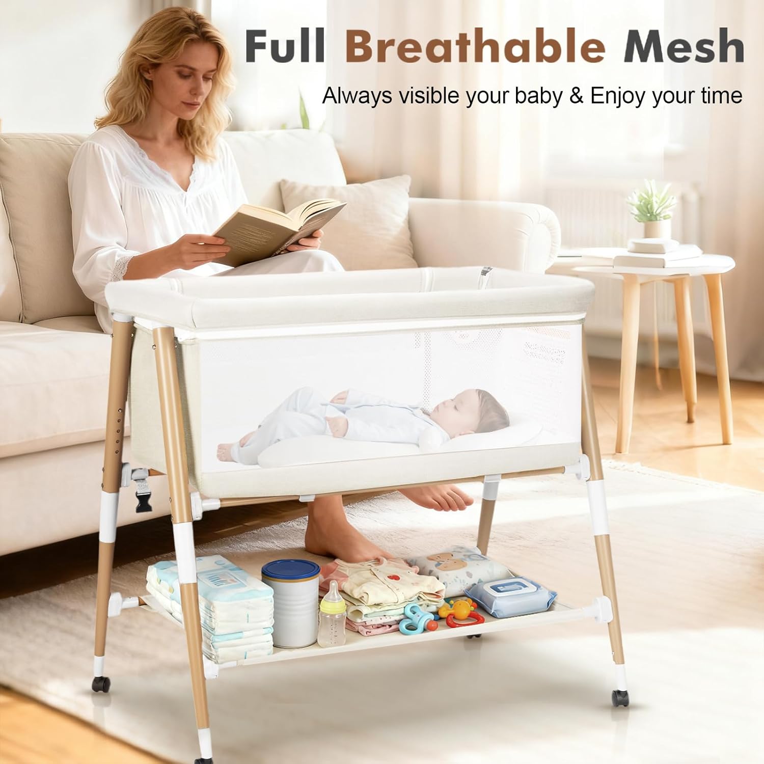 Baby Bassinet, 3 in 1 Bedside Bassinet Sleeper for Newborn, Portable Baby Crib with 4 Detachable Wheels & Adjustable Height, Breathable Mesh & Mattress, Mosquito Net& Storage Basket (White)