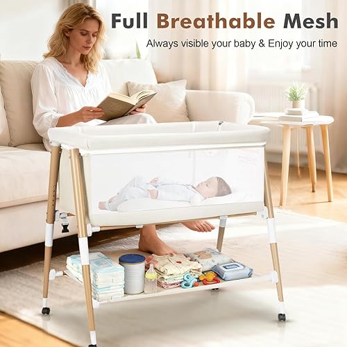 Miniatura 5 de Cuna de bebé, cuna portátil 3 en 1 para recién nacido, cuna de bebé portátil con 4 ruedas desmontables y altura ajustable, malla transpirable y