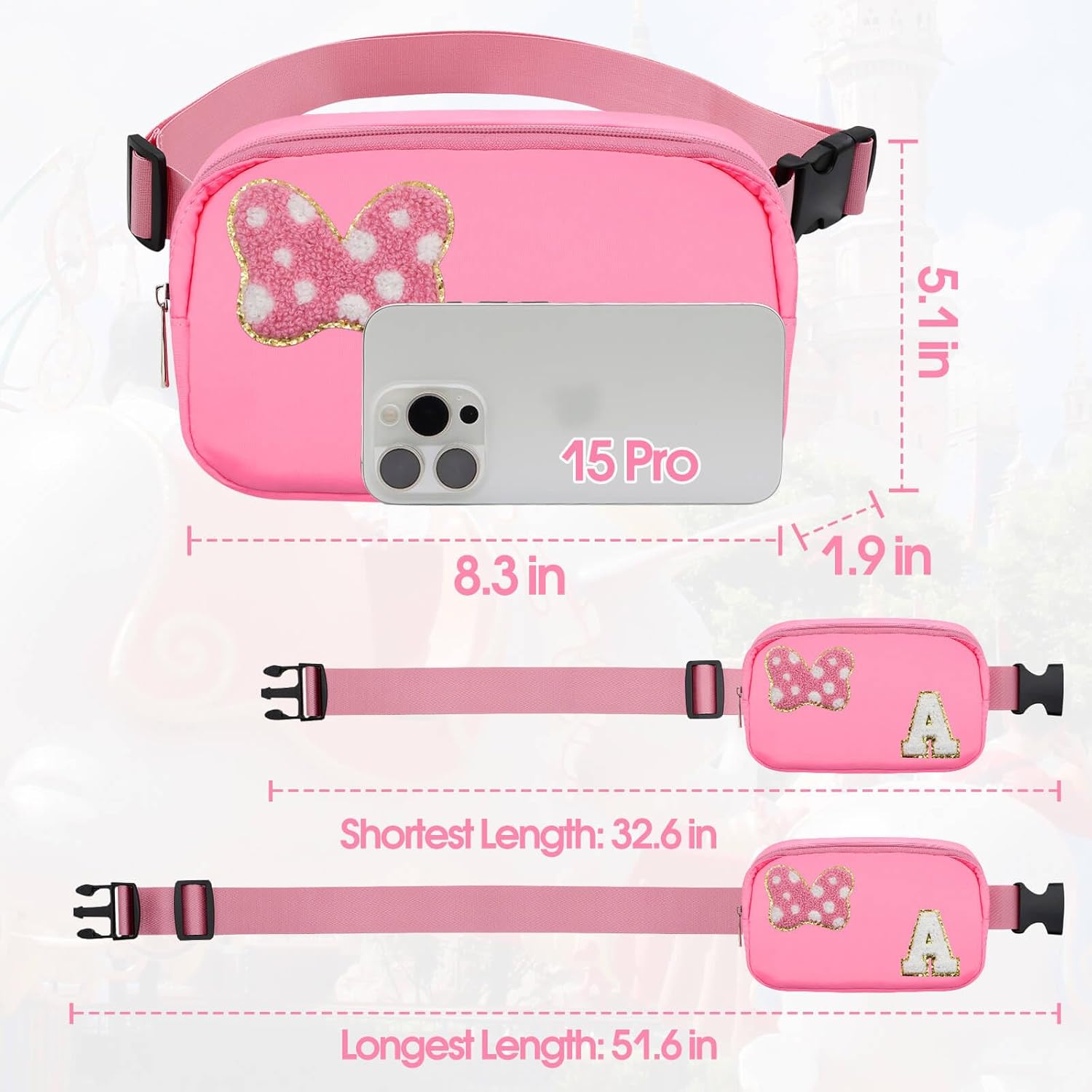 Chenille Initial Letter Bow Mouse Fanny Pack, Waterproof Park Crossbody Bag Christmas Birthday Gifts for Teen Girls Daughter Women Kids Adults, Cute Belt Bag Must Haves for Park Travel (A, Pink) - Image 3