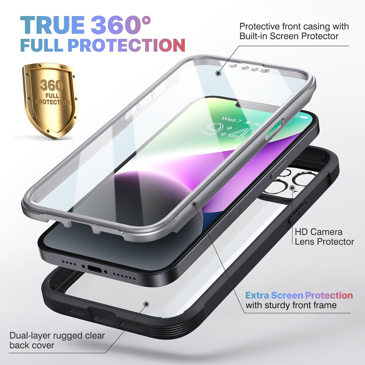 Diaclara Designed for iPhone 14 Plus Case, Full Body Rugged Case with Built-in Touch Sensitive Anti-Scratch Screen Protector, with Camera Lens Protector for iPhone 14 Plus 6.7" (Black) - Image 2