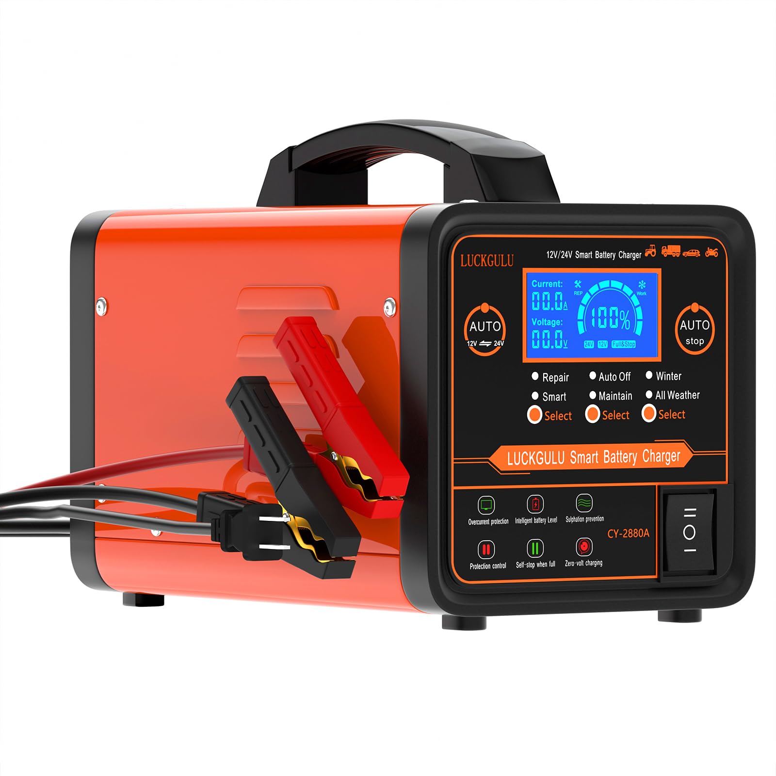 Caricabatterie Auto 12V/24V 20A Professionale, Caricatore e Mantenitore Automatico con Modalità Riparazione, Programma Invernale, Arresto Automatico,Ricarica Rapida per Auto,Camion,Moto,Camper