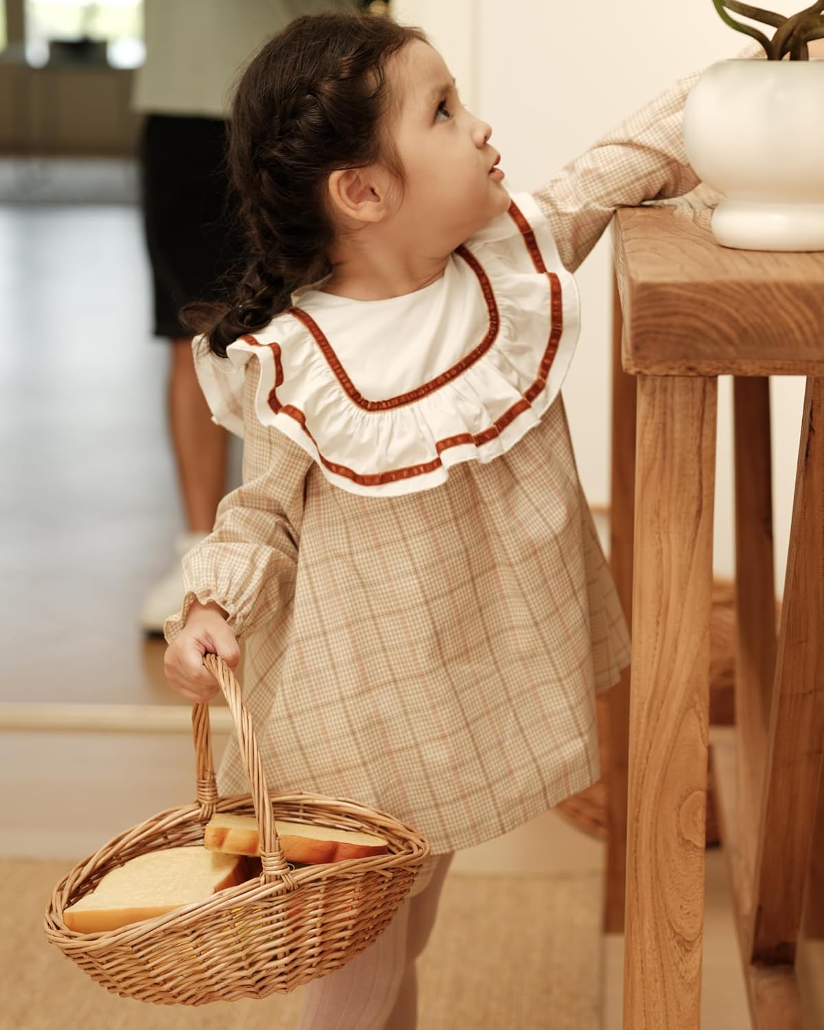 Twoflower Toddler Girls Vintage Plaid Dress | Soft Cotton Princess Ruffle Dress with Bow | Long Sleeve Fall Heirloom Outfit - Image 4