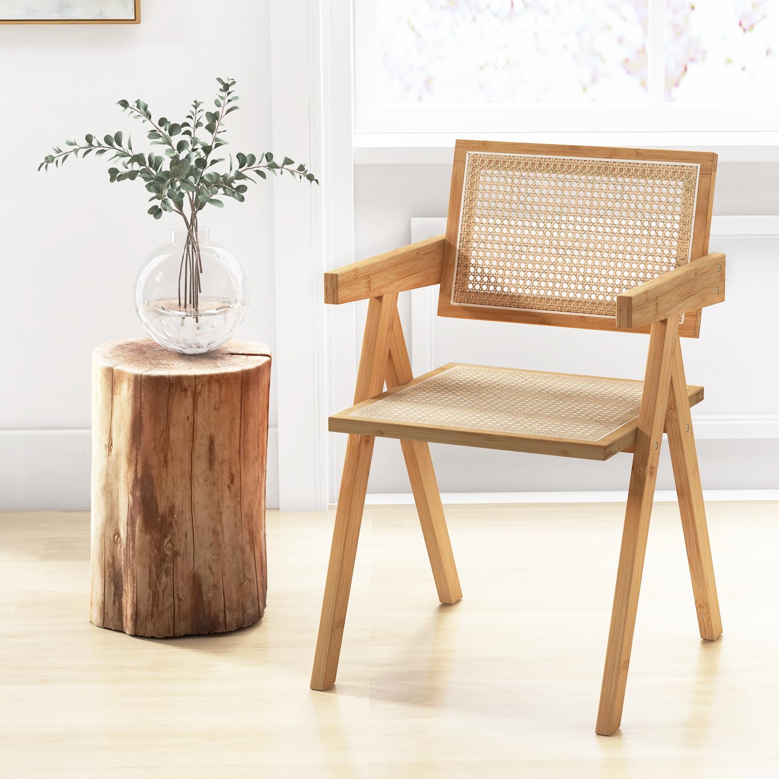 COSTWAY Juego de 2/4 Sillas de Comedor, Silla de Salón Moderna con Marco de Bambú, Respaldo y Apoyabrazos de Imitación Caña, Sillones de Ratán para Cocina, Comedor, Natural (2 Piezas)