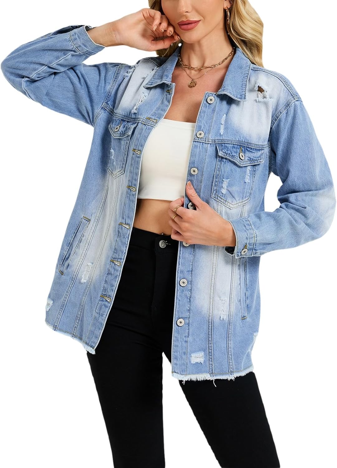 LifeShe Women’s Distressed Denim Jacket Long Sleeve Ripped Jean Coat with Frayed Hem, Casual Loose Fit Button Down Outerwear - Image 3