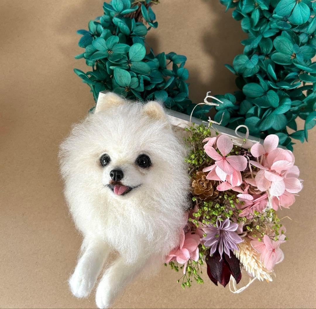 羊毛フェルト 手乗りポメラニアン 全身 白ポメ ポメラニアン 羊毛