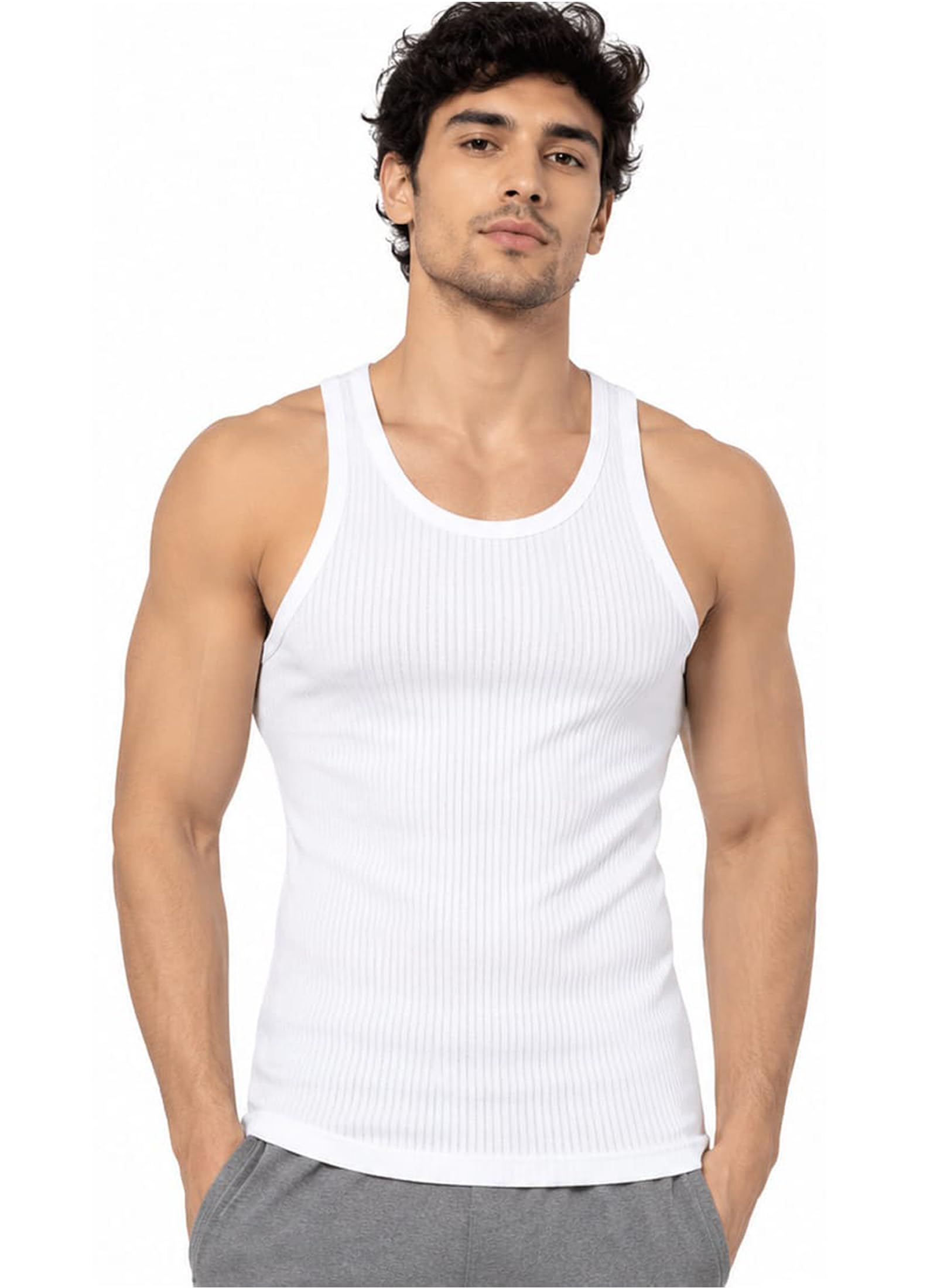 Men's Premium Ribbed Cotton Vest Breathable Sleeveless Undershirt White Pack of 1-picture-23
