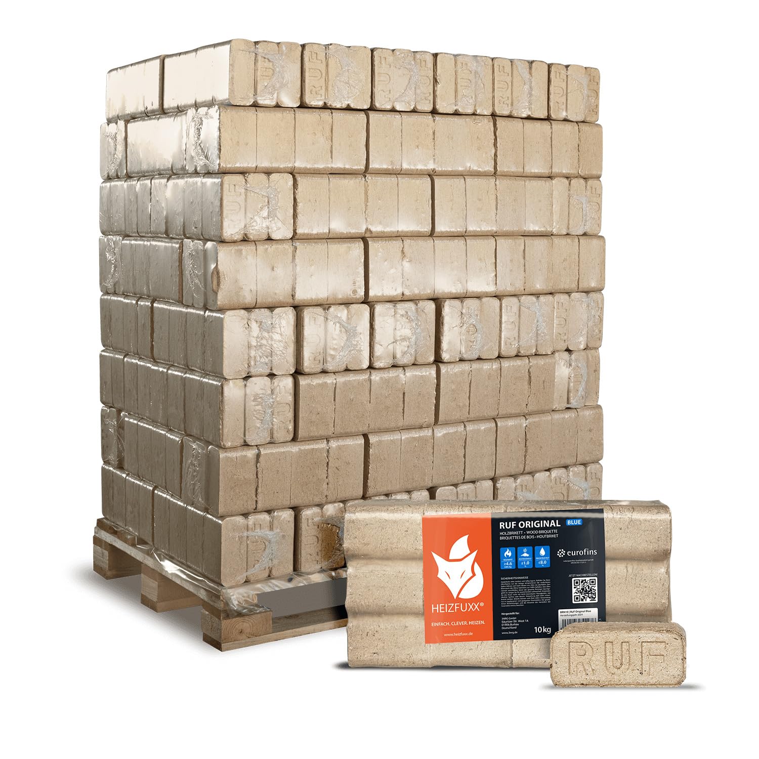 Holzbriketts RUF Original Blue - Weichholzbriketts Palette 960 kg (96x10 kg) - Premium Briketts für Kamin, Heizkessel & Ofen - Hoher Heizwert, geringer Aschegehalt & maximale Energieausbeute