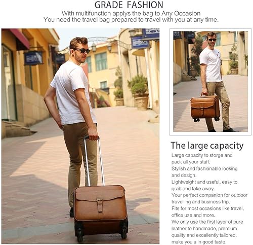 Miniatura 7 de Leathario Maleta con ruedas de cuero para laptop, maletín con ruedas, Marrón, XL
