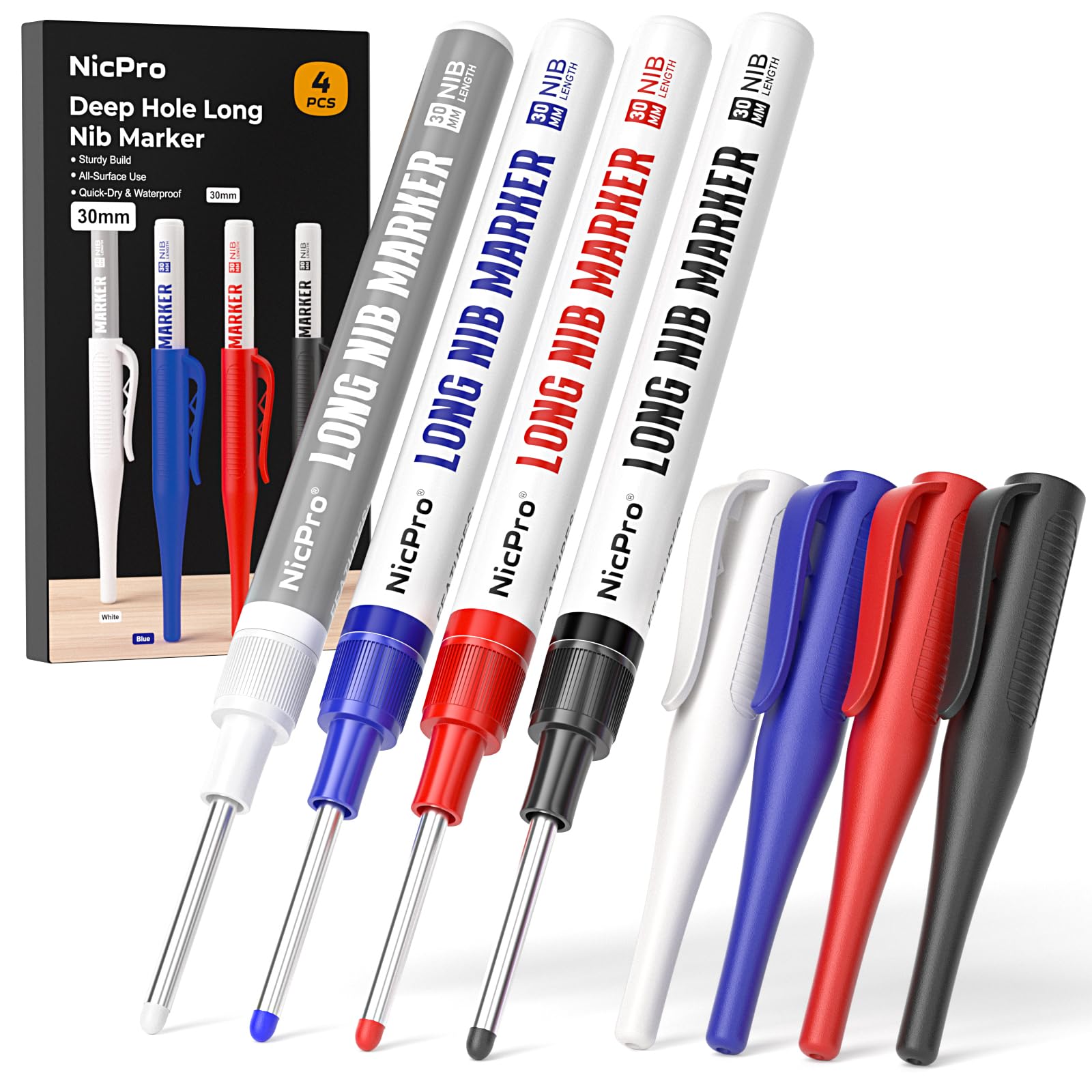 Nicpro 30MM Long Nib Marker Pens (Black, Red, Blue, White, 4 PCS)