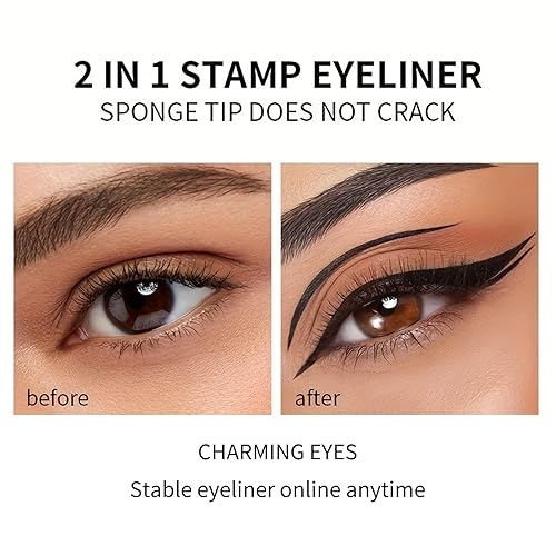 Miniatura 3 de Erinde Sello delineador de ojos con alas, 2 bolígrafos delineadores de ojos líquidos negros, herramienta de maquillaje fácil de ojo de gato, larga