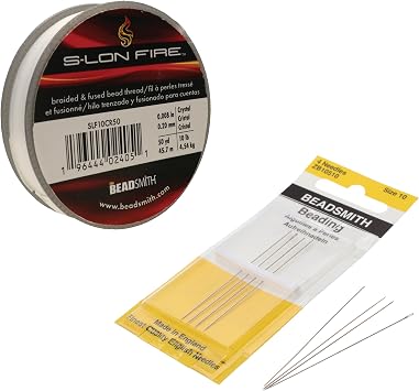 The Beadsmith S-Lon Fire Beading Thread & English Beading Needles Bundle 10lb Crystal Clear Braided Thread 50 Yards & Size 10 Needles 4 Pack Strong & Precise Tools for Jewelry Making & Beadwork