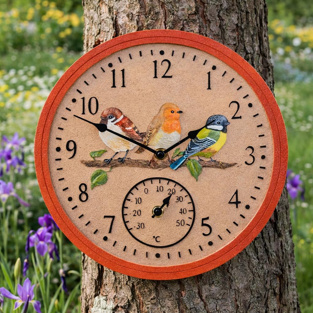 30cm Bird Design Garden Clock and Thermometer Durable Quarts Clocks Outdoor Wall Ornament Decorative Wall Clock for Patio, Kitchen, Livingroom Décor