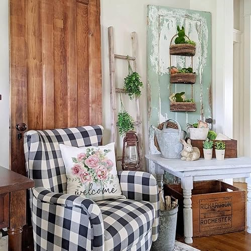 Miniatura 3 de PANDICORN Juego de 4 fundas de almohada de primavera de 20 x 20 pulgadas con tarro de masón de bienvenida con flores rosadas Bless This Home Sweet