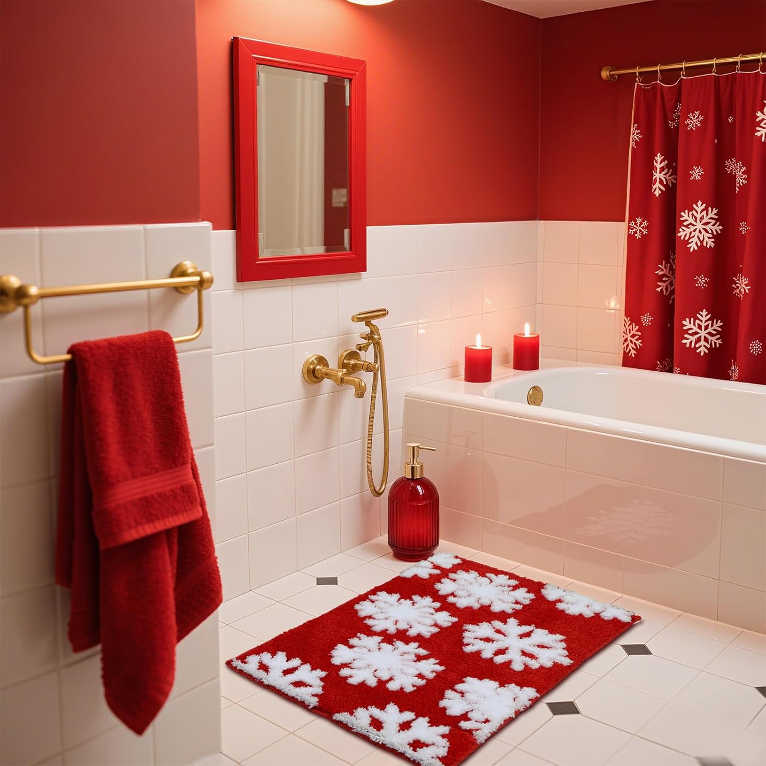 Tinideya Easter Bathroom Rug 17 x 29'' Bunny Egg Bath Mat for Bathroom Bunny Eggs Fluffy Water Absorbent Bath Rug Farmhouse Non Slip for Holiday Kitchen Decoration(Snowflake,Red)