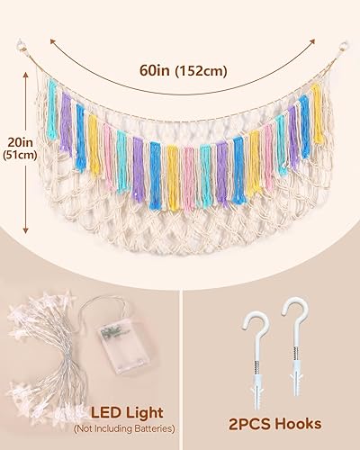 Miniatura 6 de Hamaca de red para animales de peluche con luces, almacenamiento extragrande para colgar en la pared, juguetes de peluche y osos de peluche, hamaca