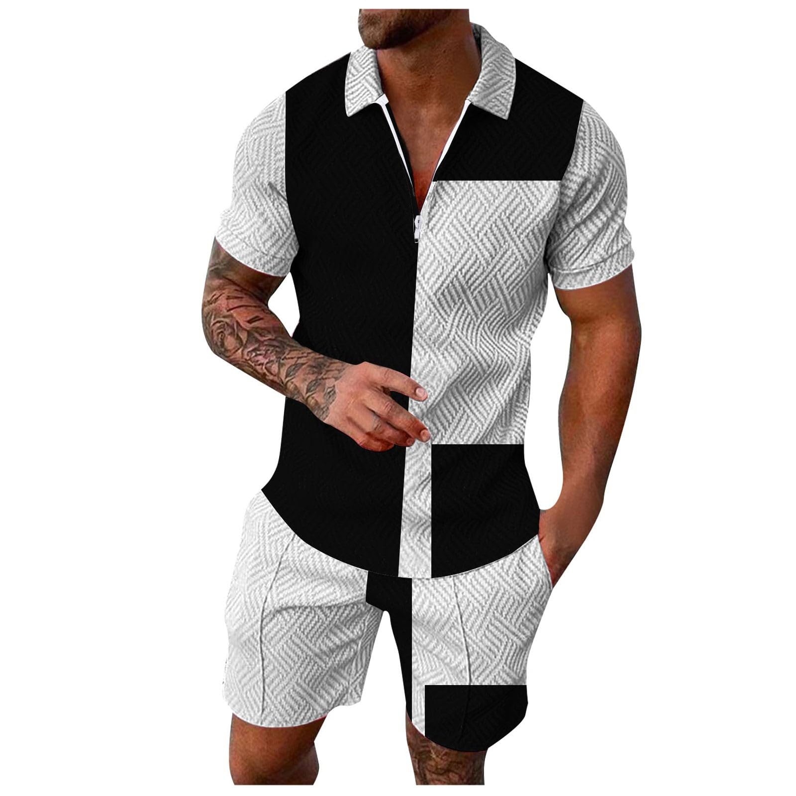 Herren Trainingsanzug Sommer 2 Teiliges Sportanzug Drucken Stehkragen Trainings Anzug Kurzarm Polo Hemd Set mit Reißverschluss Fitnessanzug Modern Freizeitanzug Mode Streetwear für Outdoor